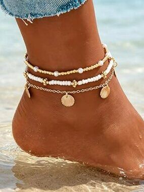 NEW 2 Pcs Silver Shells Beads Ankle Bracelet Anklet Beach Ocean Vacation Summer